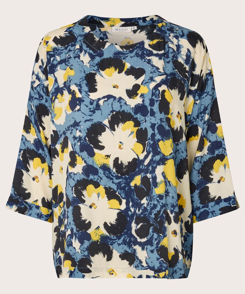 Bedruckte Bluse Mit 3/4-ärmeln Und Rundhals, Proven Blue