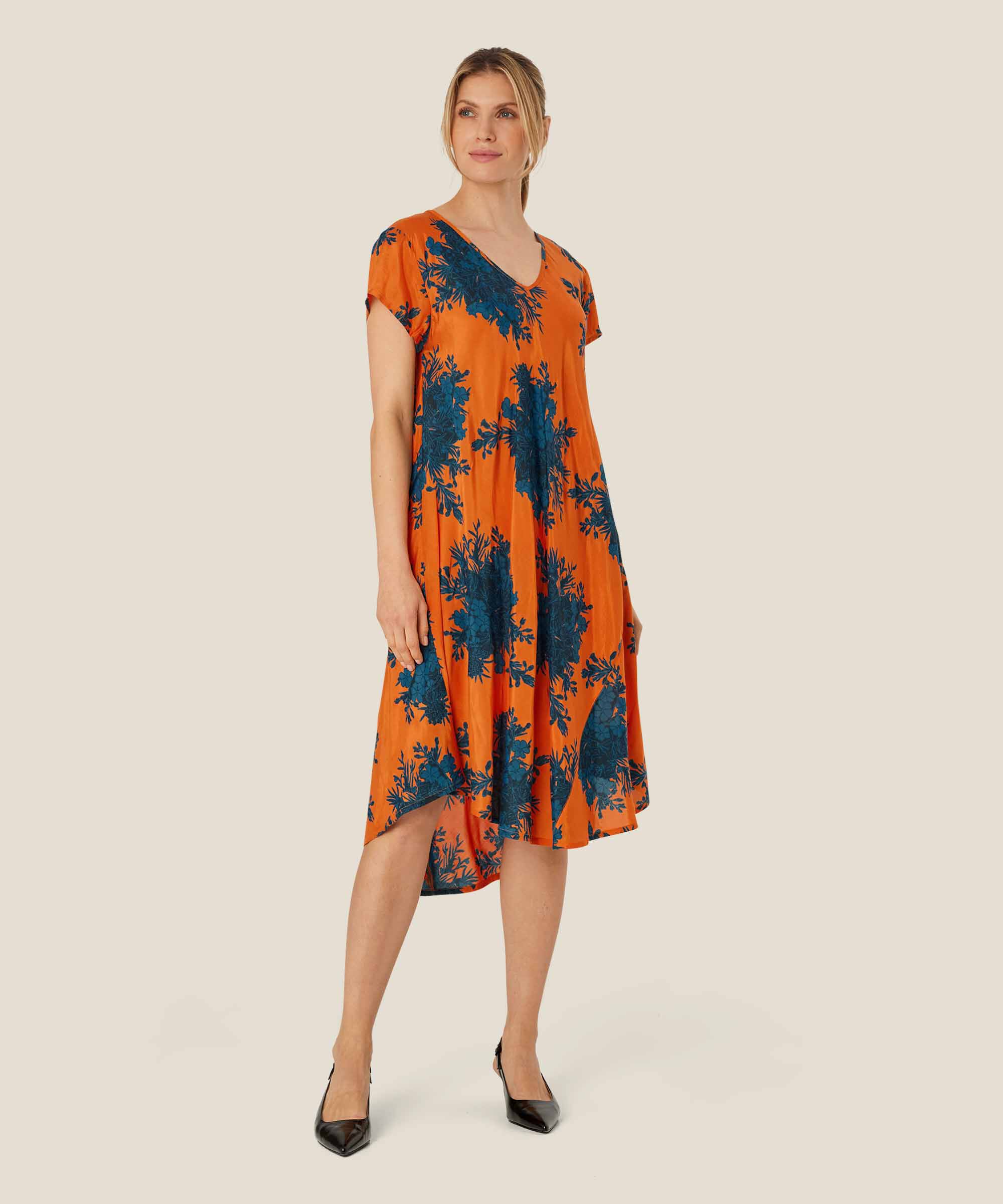 Bedrucktes Viskosekleid mit V-Ausschnitt, Russ Orange