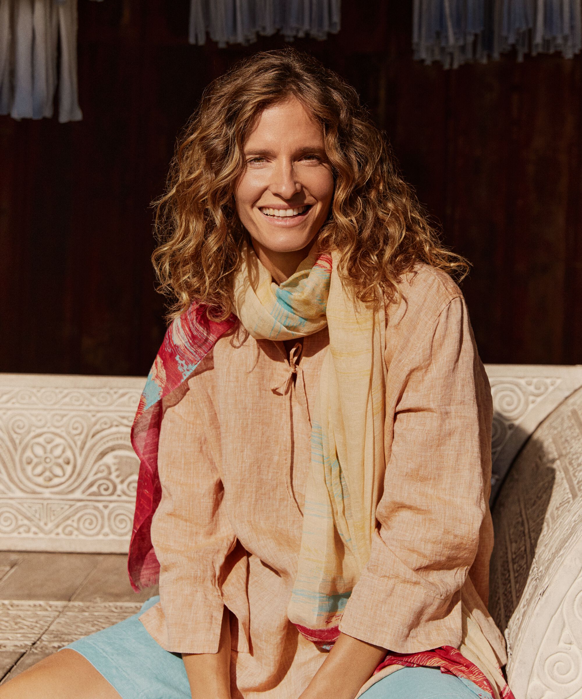 Leinentunika mit Bindeband am Hals, Cashew