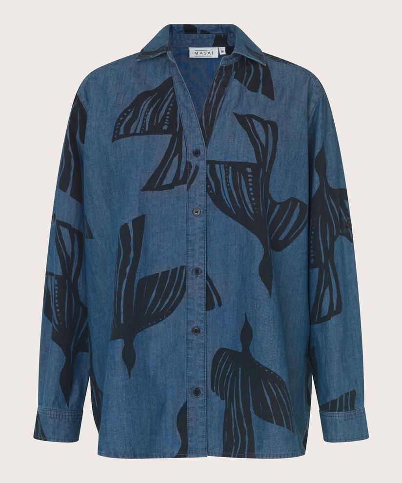 Bedrucktes Jeanshemd mit V-Ausschnitt, Dark Denim