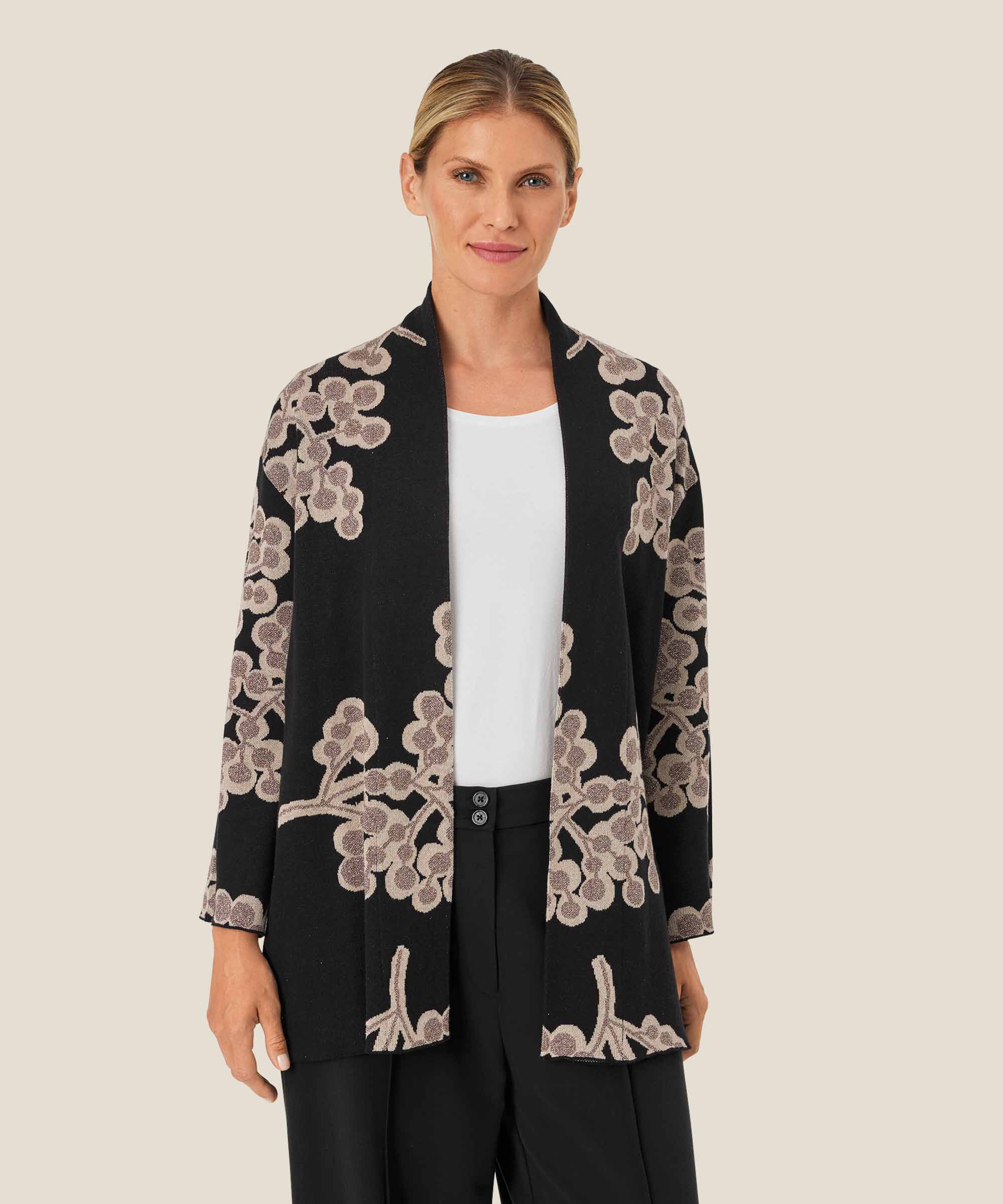 Offener Cardigan mit Blumendruck, Black