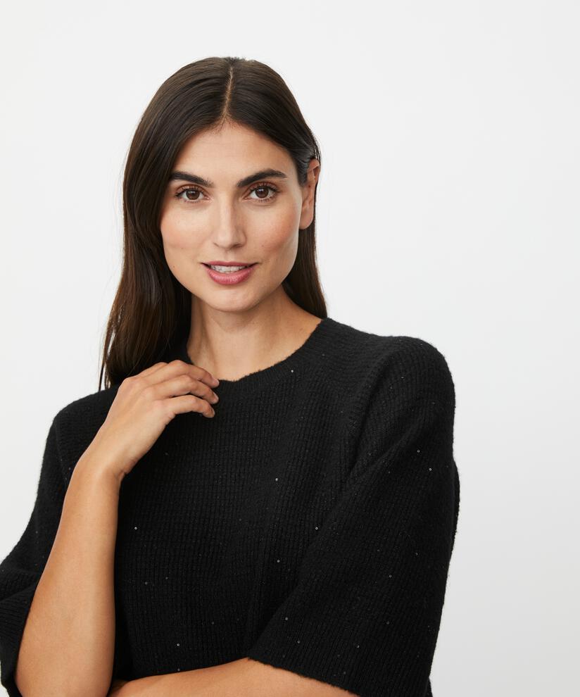 Kurzarmpullover aus Wollmischung mit Pailletten, Black