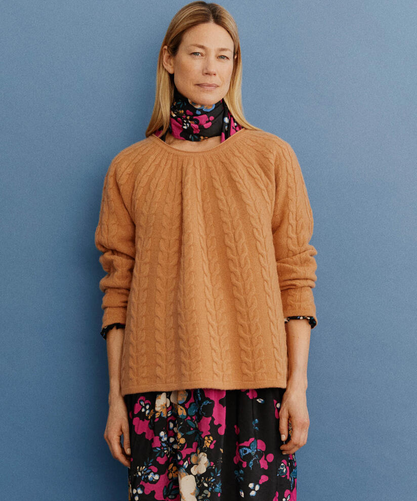 Pullover aus Wolle mit Zopfmuster, Bisquit