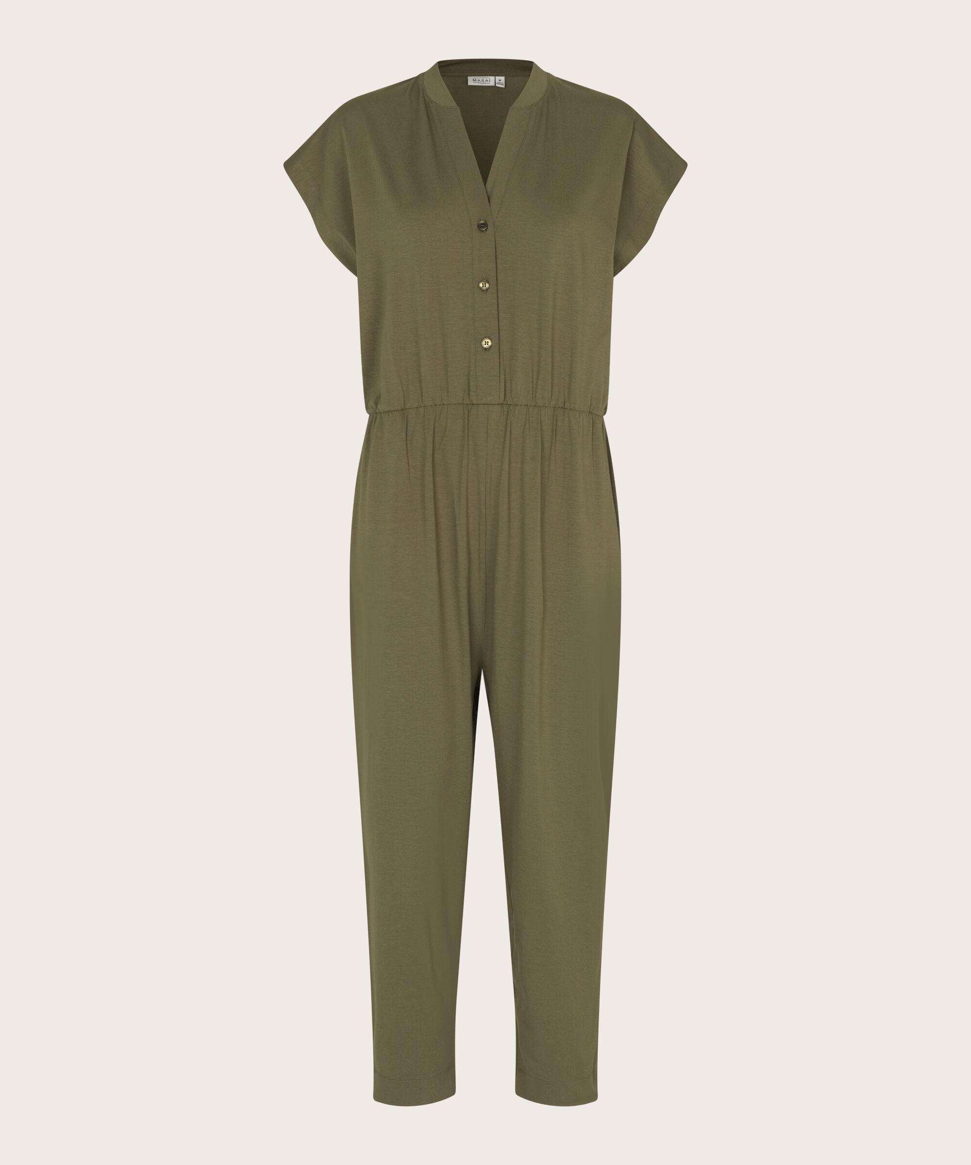 Jersey-Jumpsuit mit V-Ausschnitt und Knöpfen, Dusky Green