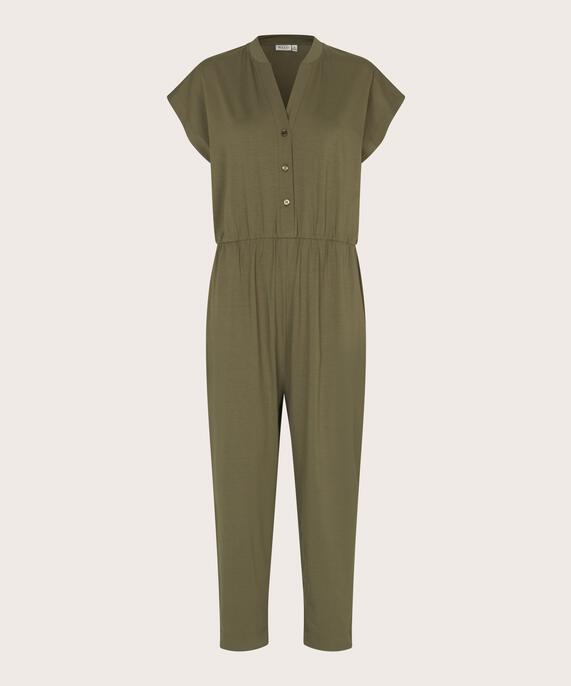 Jersey-Jumpsuit mit V-Ausschnitt und Knöpfen, Dusky Green
