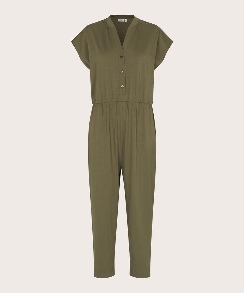 Jersey-Jumpsuit mit V-Ausschnitt und Knöpfen, Dusky Green