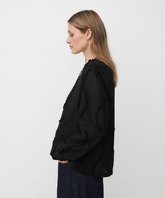 Baumwollbluse mit Applikationen und Bindebändern, Black