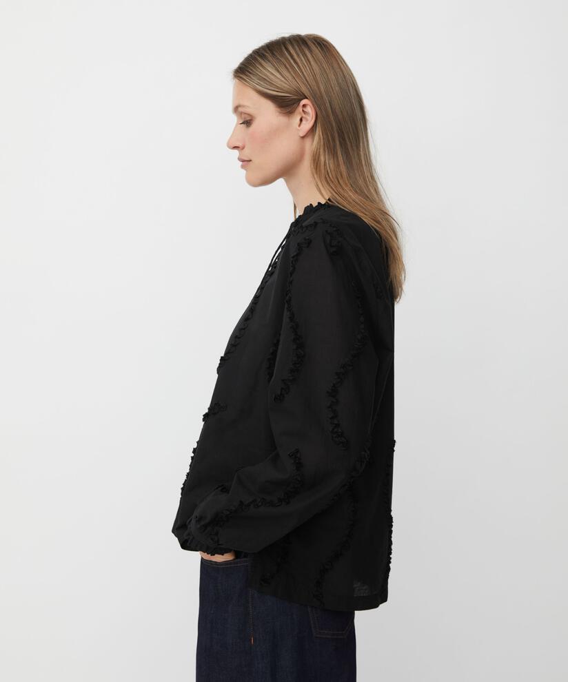 Baumwollbluse mit Applikationen und Bindebändern, Black