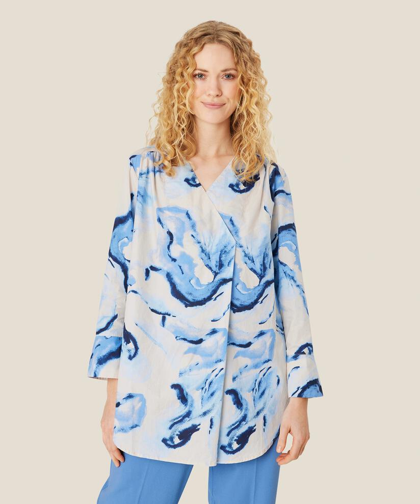 Tunika aus bedruckter Baumwolle mit Wickeleffekt, Powder Blue