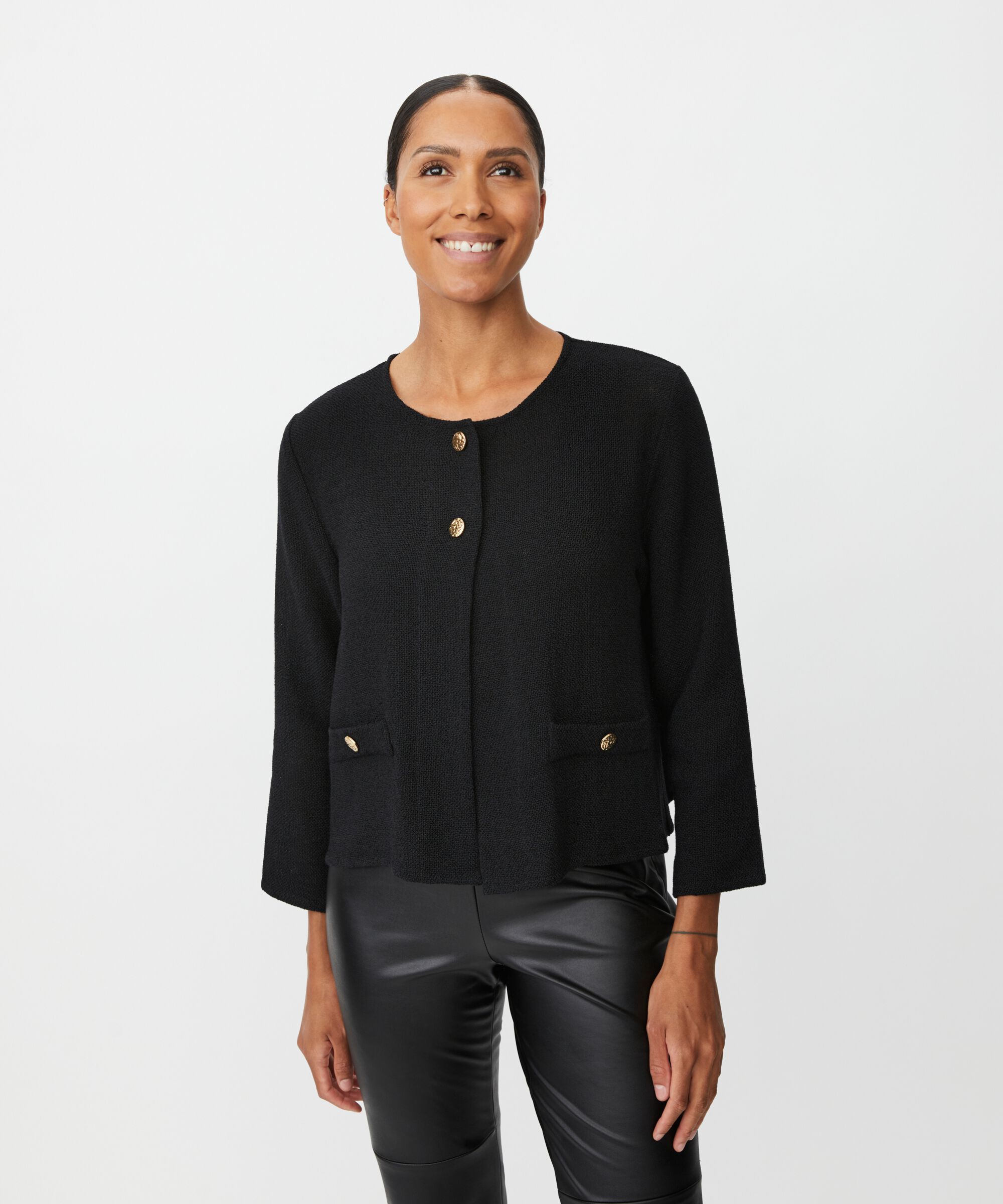 Bouclé-Jacke mit Taschen und goldenen Knöpfen, Black