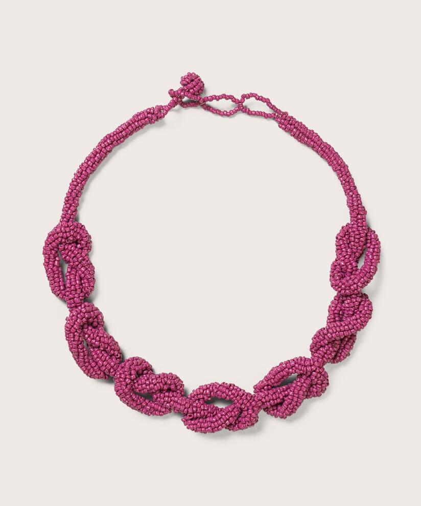 Geflochtene Halskette mit rosa Glasperlen, Fuchsia Red