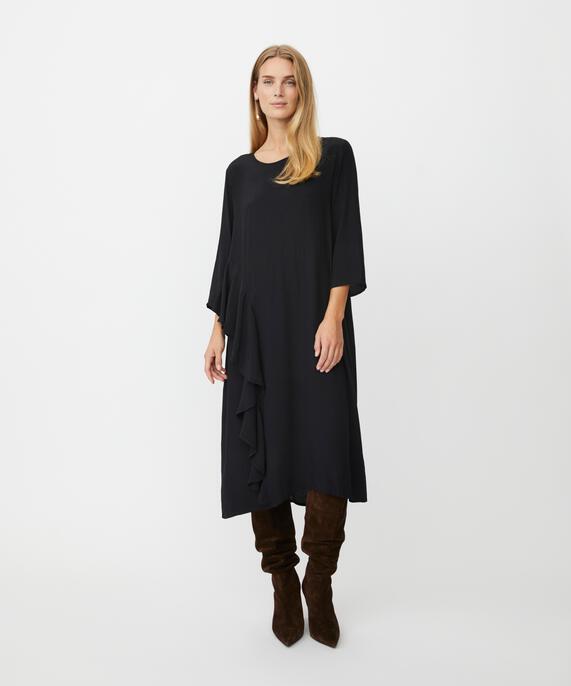 Viskosekleid mit Rundhalsausschnitt und Rüschen, Black