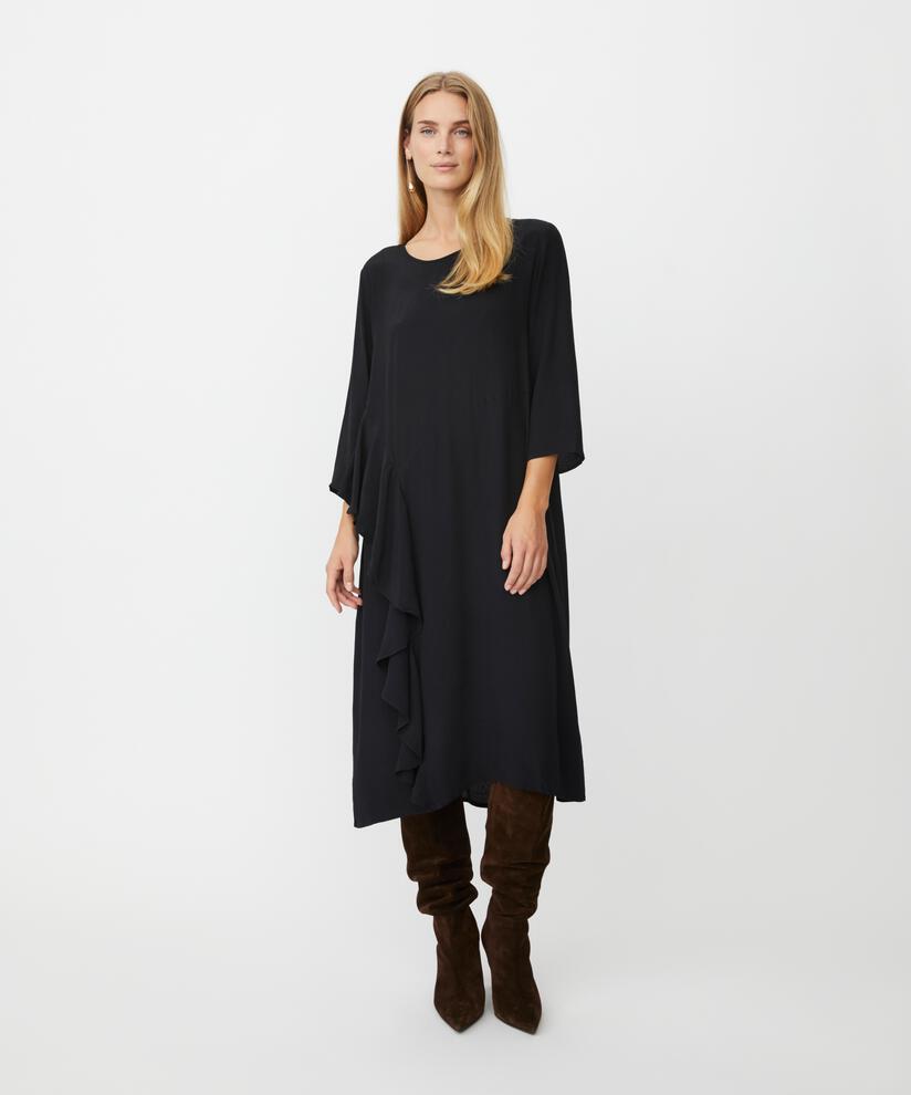 Viskosekleid mit Rundhalsausschnitt und Rüschen, Black