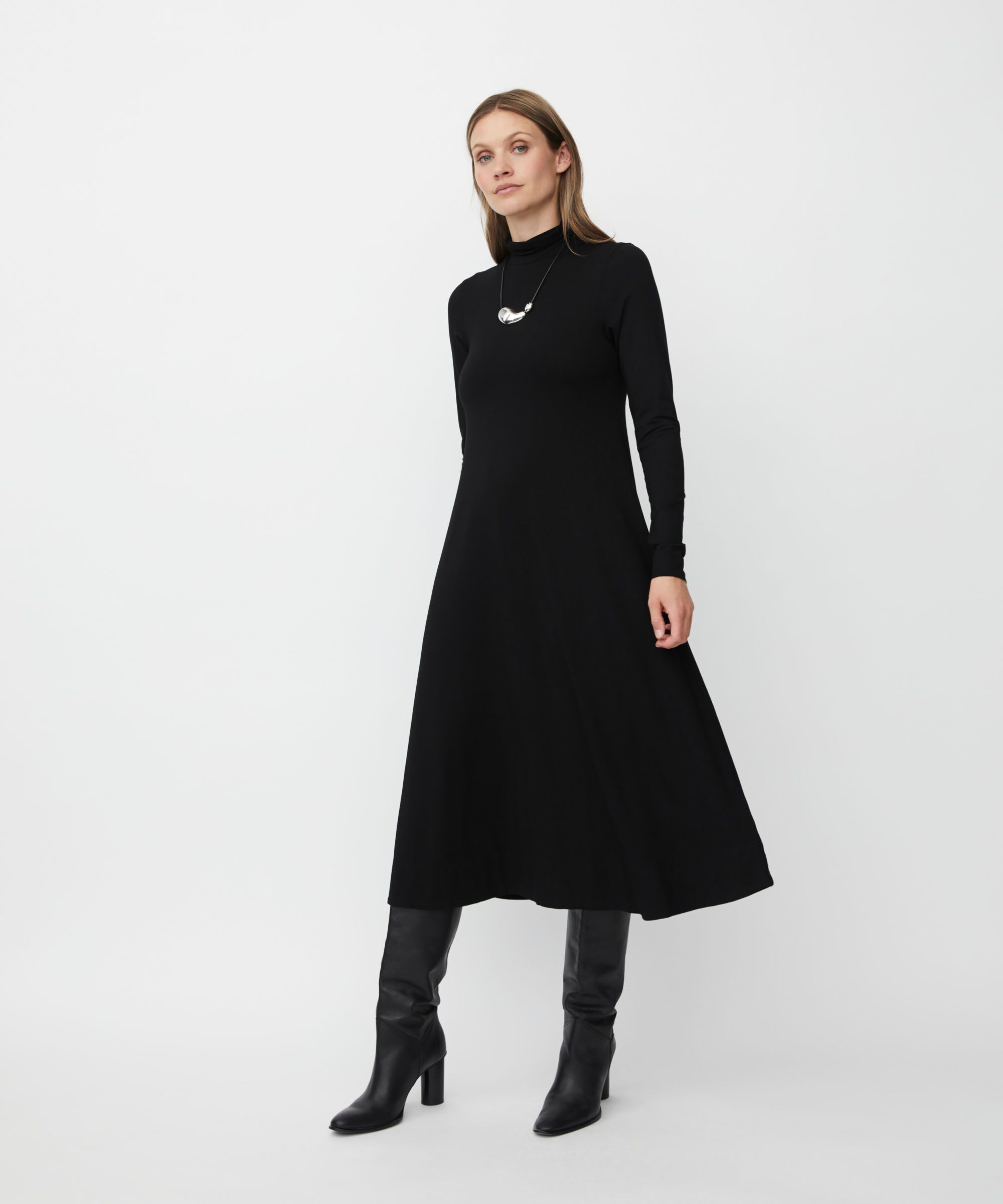 langärmliges Jerseykleid mit hohem Halsausschnitt, Black