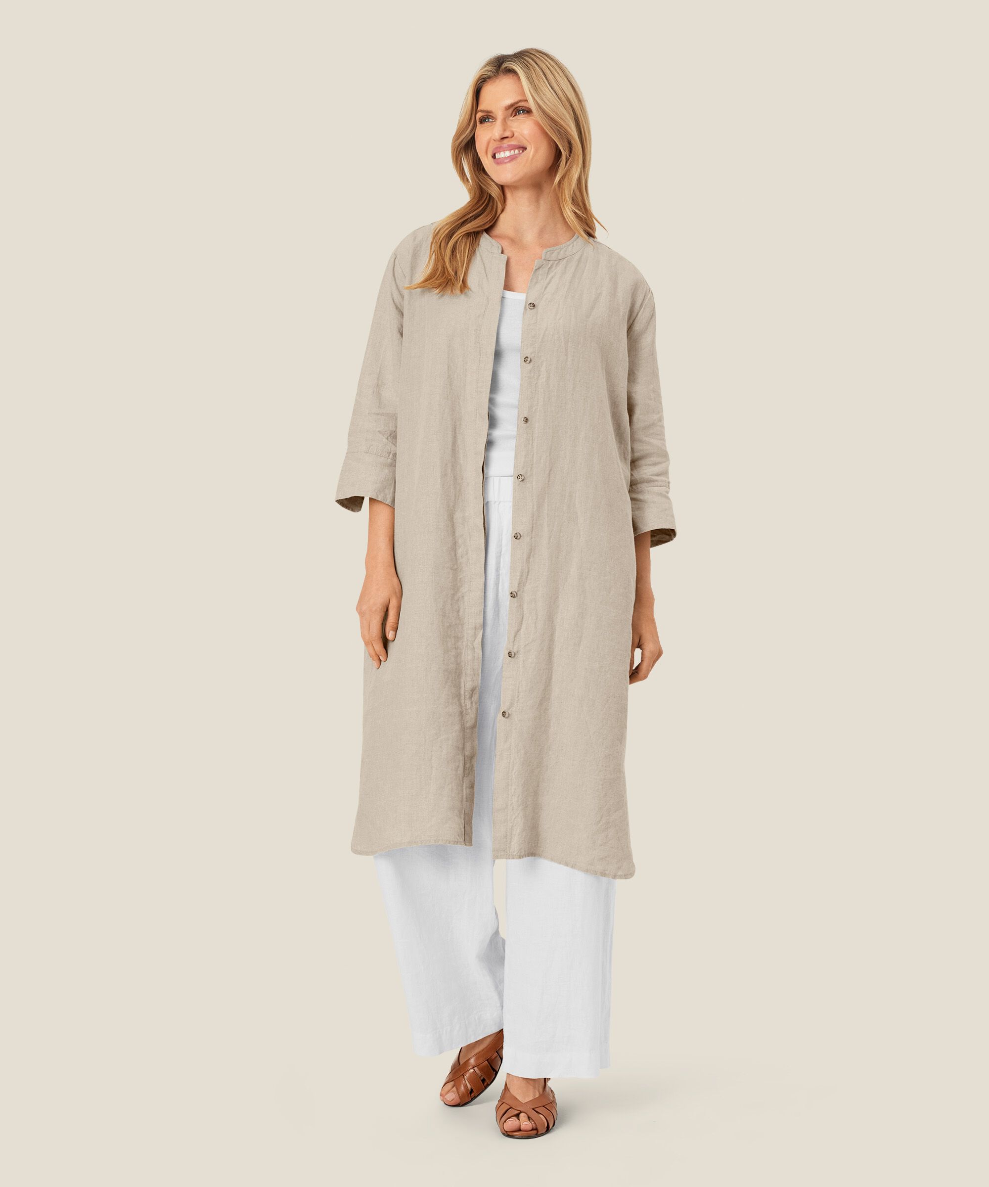 Hemdkleid aus Leinen mit Dreiviertelärmeln, Natural