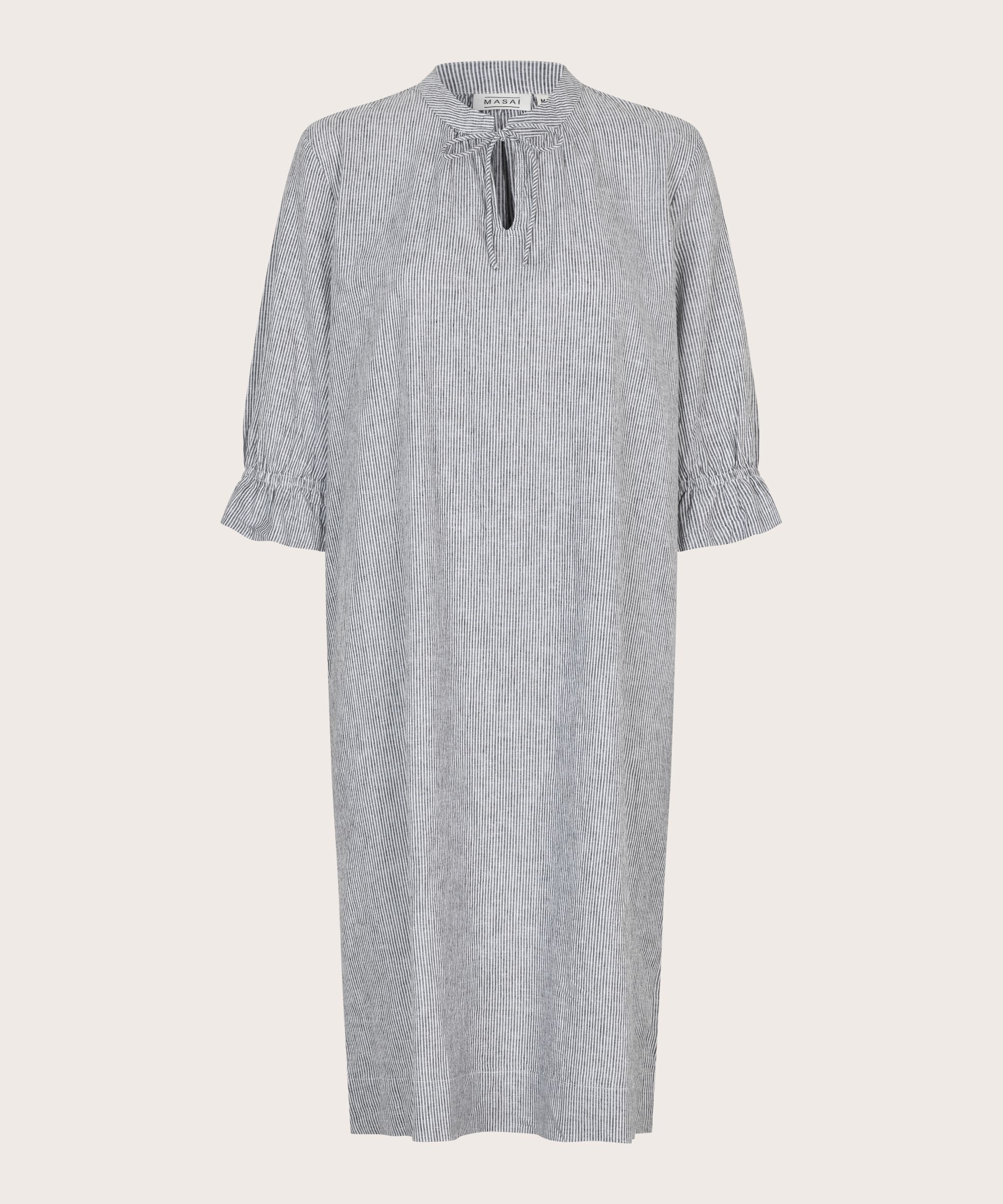 gestreiftes Kleid aus Leinen-Mix mit Bindeband im Nacken, Black