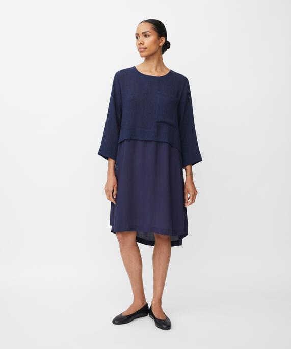 Kleid mit Bouclé-Oberteil und Viskose-Rock, Navy Blazer