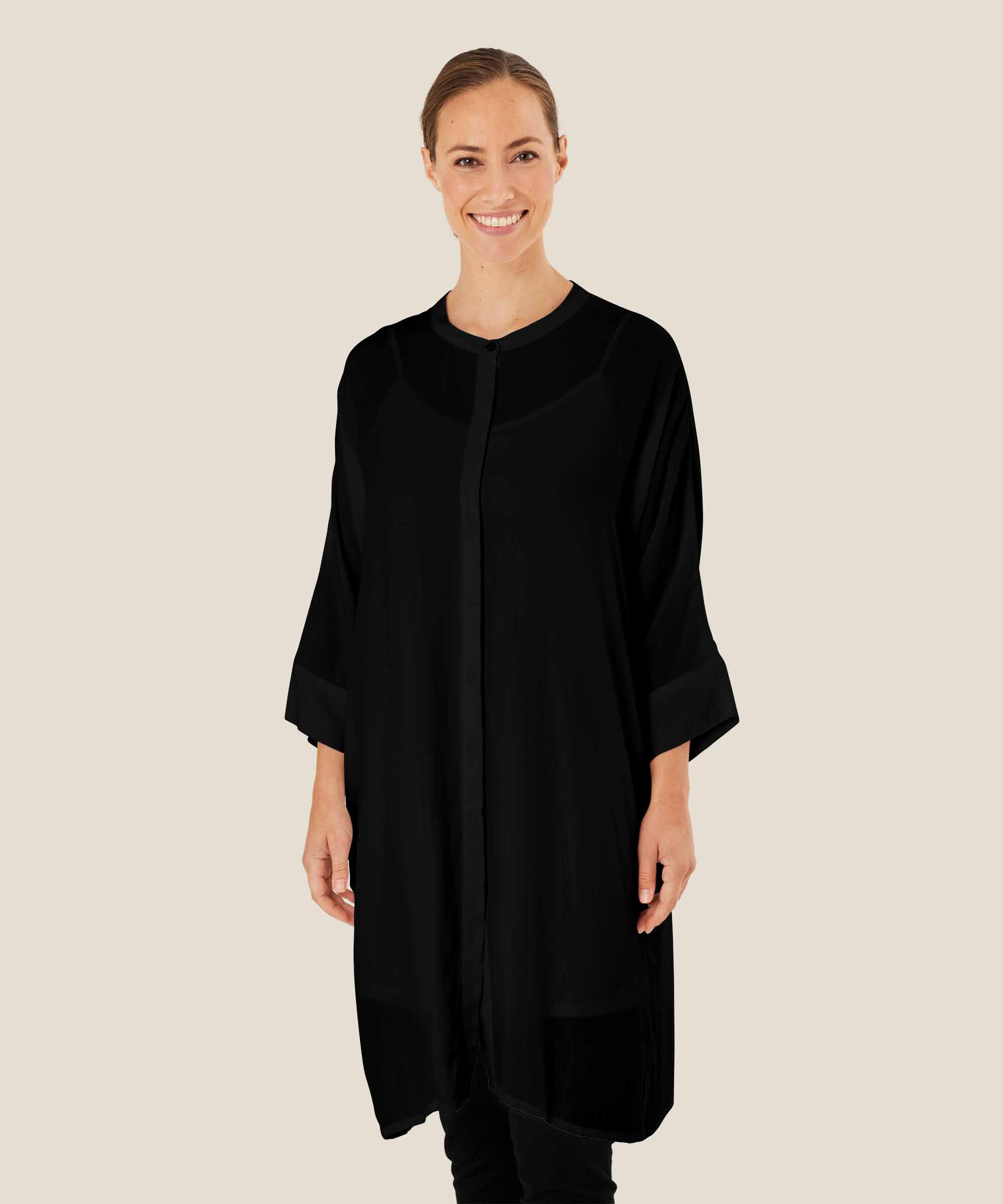 Hemdblusenkleid Aus Viskose Mit Dreiviertelärmeln, Black