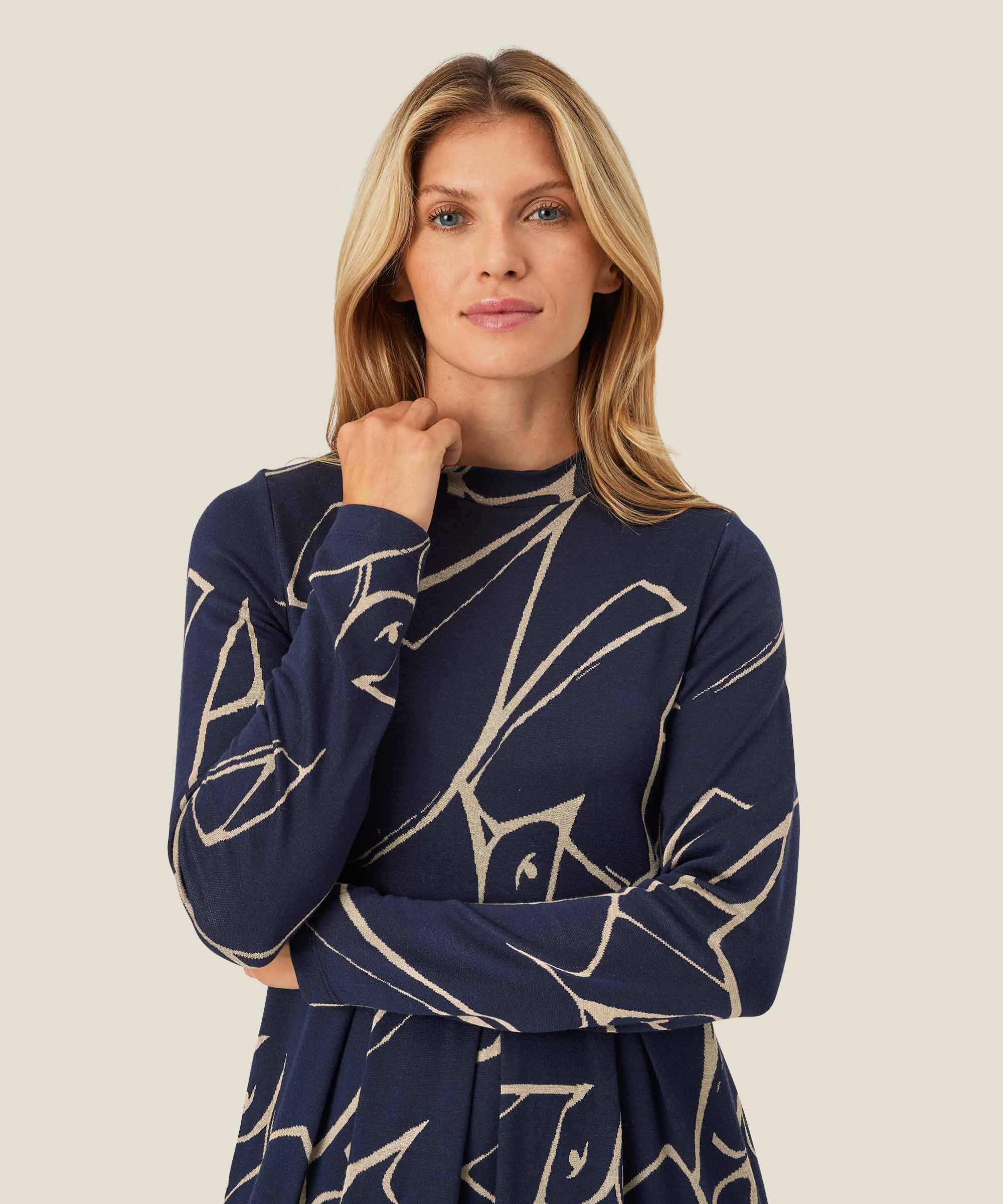 Langes, bedrucktes Tulpenkleid mit Eingrifftaschen, Navy Blazer