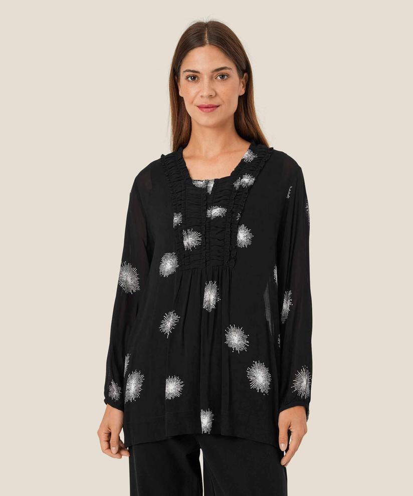 Transparente Viskosebluse mit Rüschendetails, Black