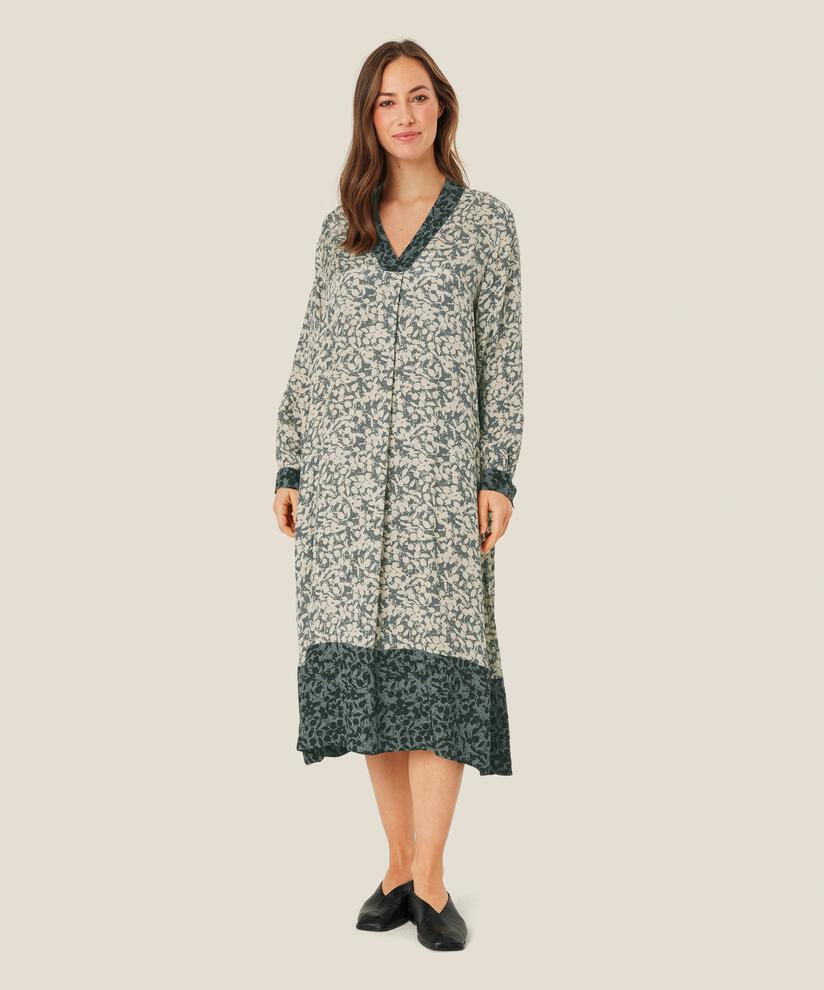 Bedrucktes Viskosekleid mit Kontrasten, Balsam Green