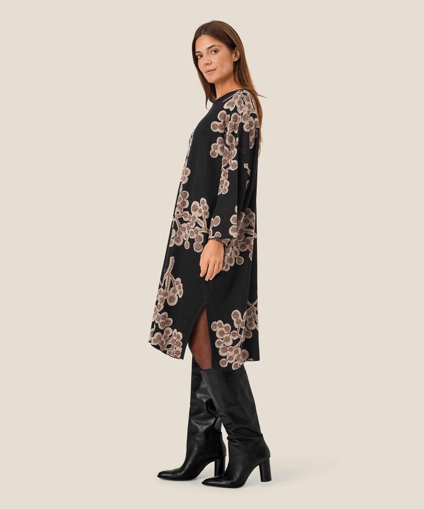 Feinstrickkleid mit Blumendruck und Seitenschlitz, Black