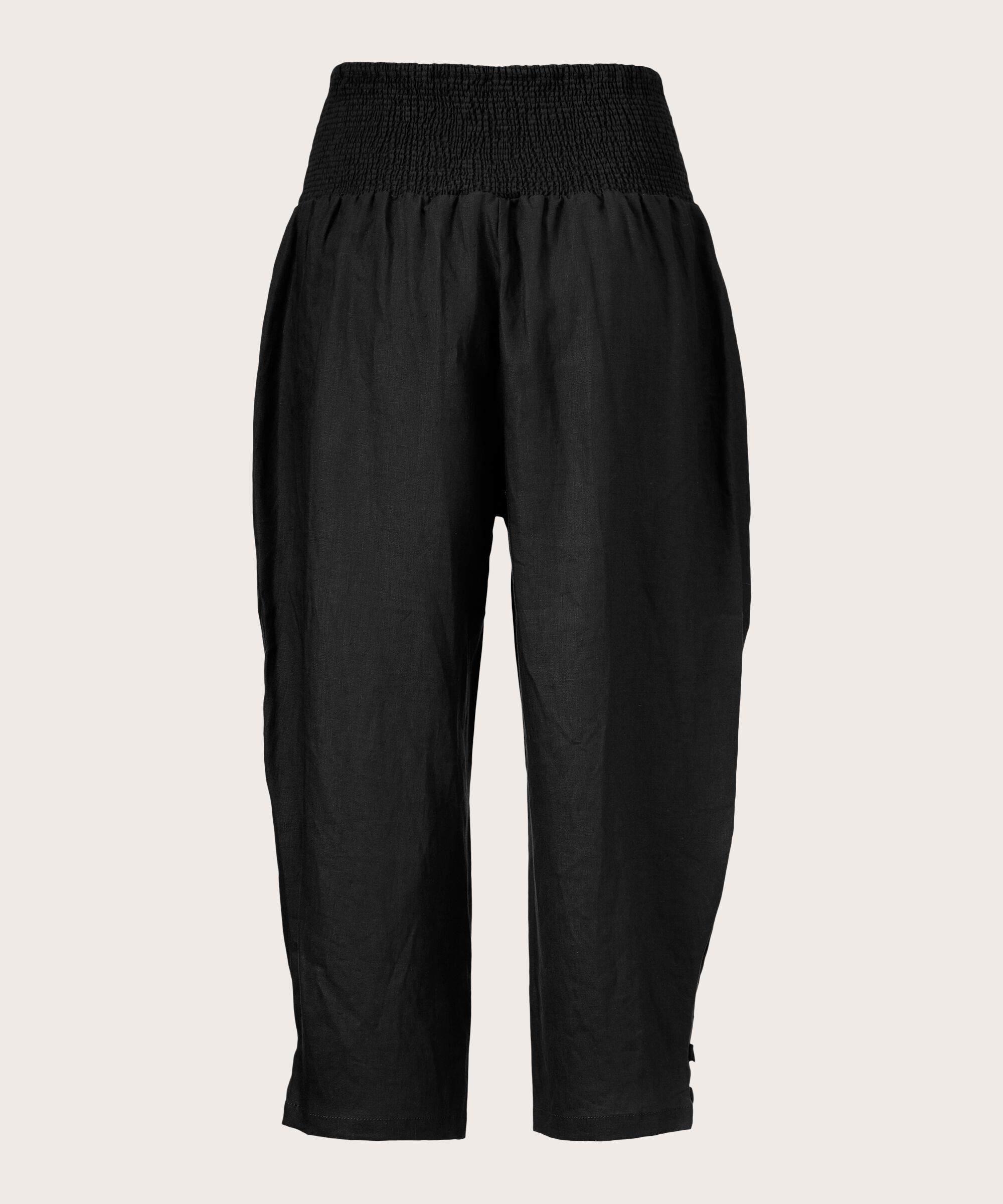 Leinenhose mit breitem, gesmoktem Gummizug hinten, Black