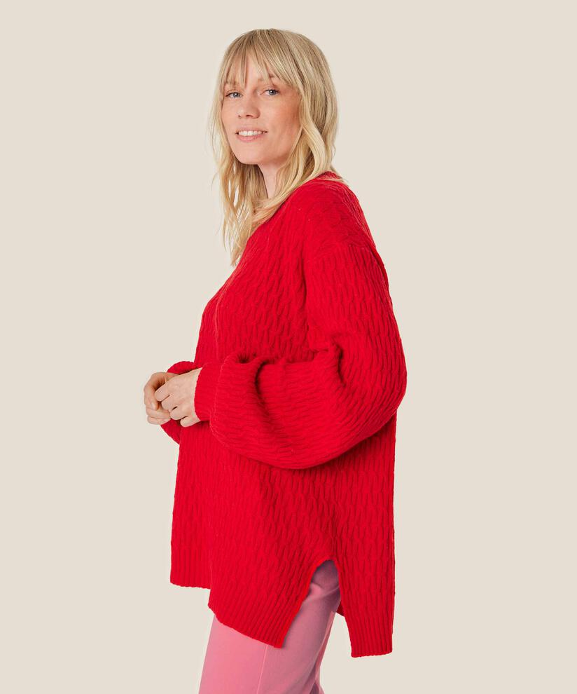 Zopfstrickpullover aus Wollmischung, Flame Scarlet