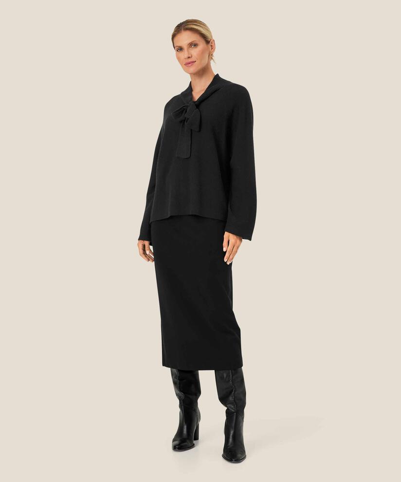 Pullover aus Wolle mit Bindebändern am Hals, Black