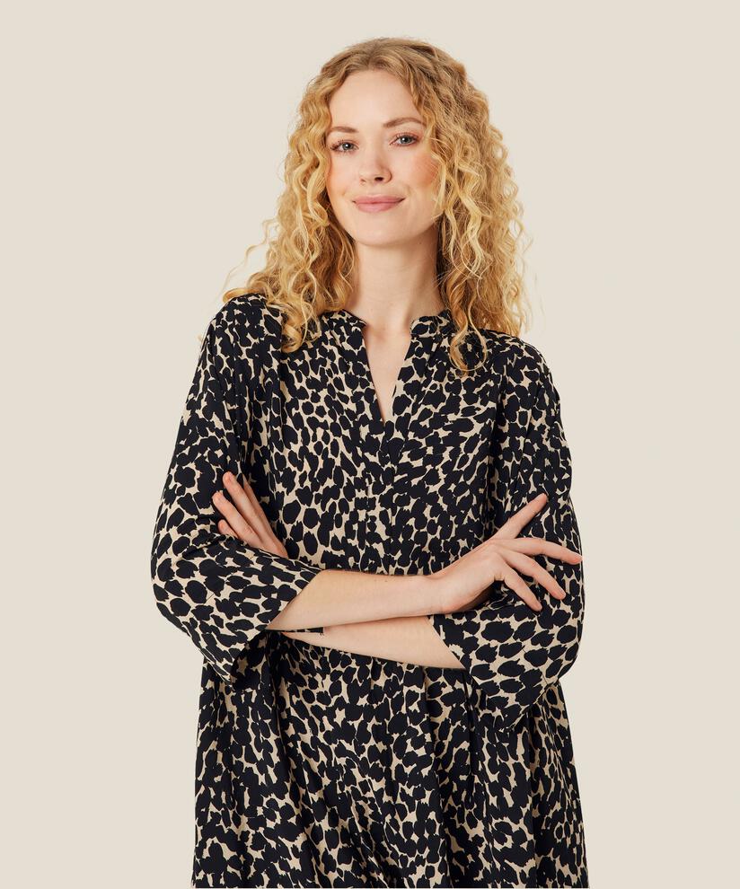 Gemustertes Viskosekleid mit Schlitz am Hals und Eingrifftaschen, Black