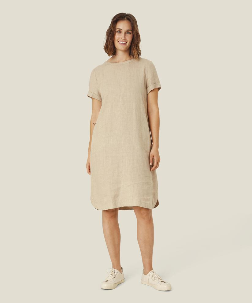 Kurzarmkleid aus Leinen mit Knopfdetail, Natural