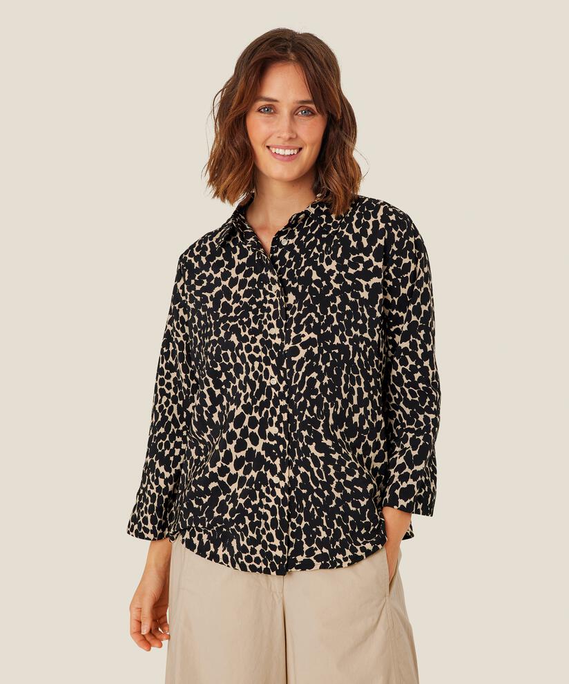 Baumwollhemdbluse mit Leopardenmuster und Dreiviertelärmeln, Black