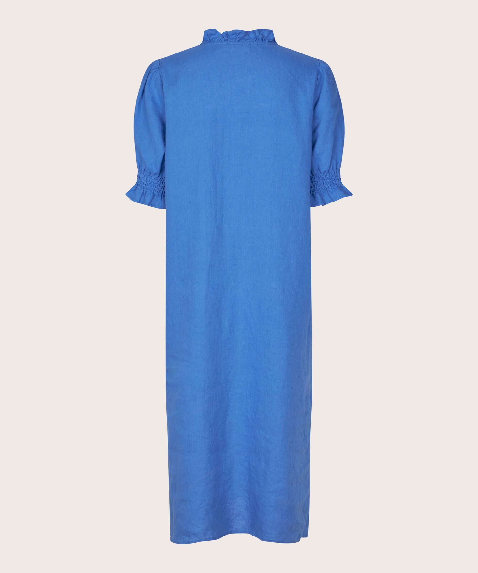 kurzärmliges Leinenkleid mit gerüschtem Ausschnitt, Nebulas Blue