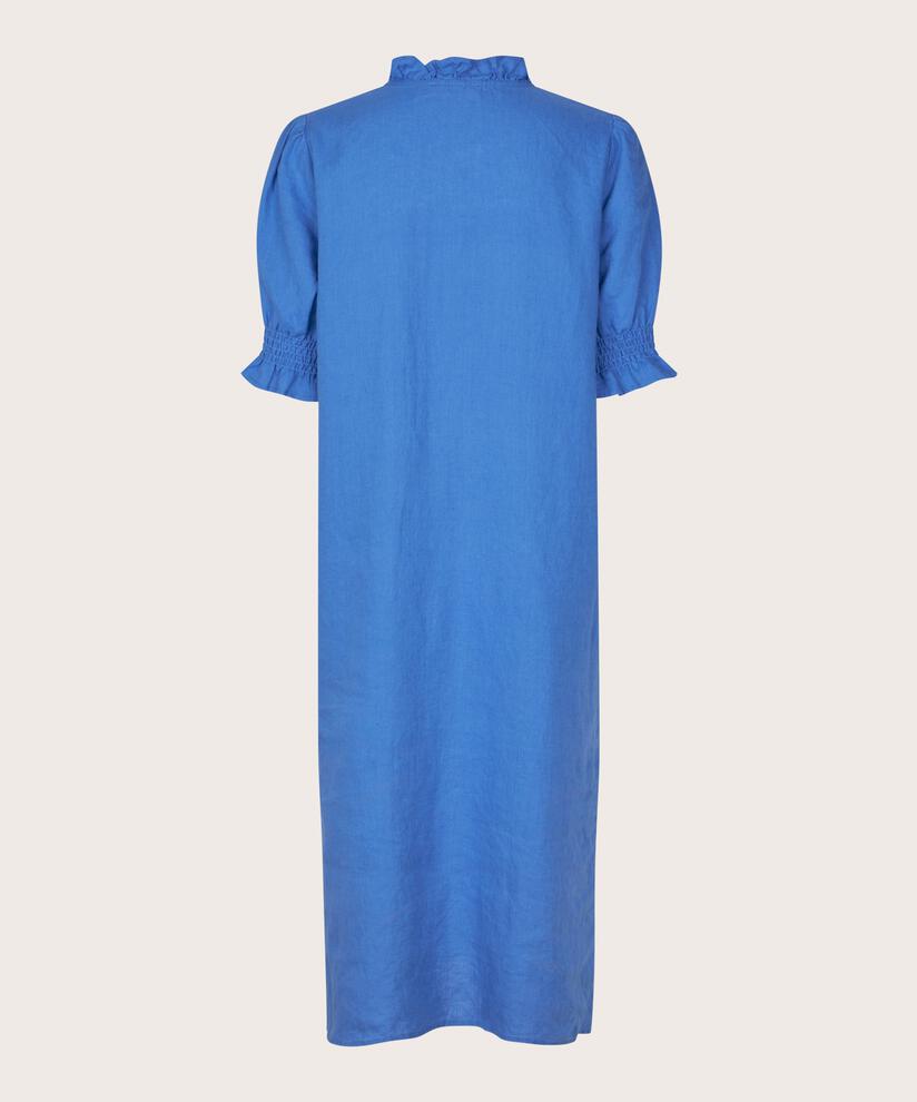 kurzärmliges Leinenkleid mit gerüschtem Ausschnitt, Nebulas Blue