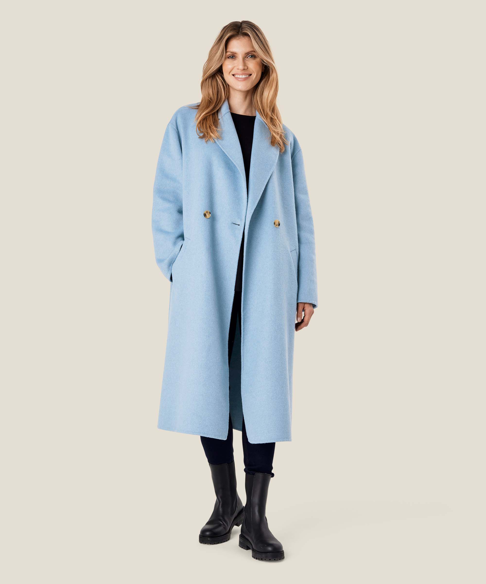 langer Wollmantel mit Bindebändern, Ashley Blue