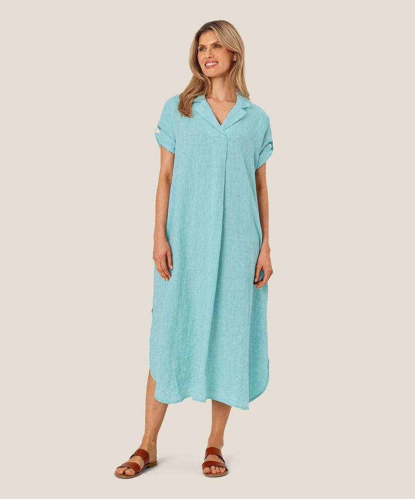 Leinenkleid mit Eingrifftaschen und Seitenschlitz, Aqua