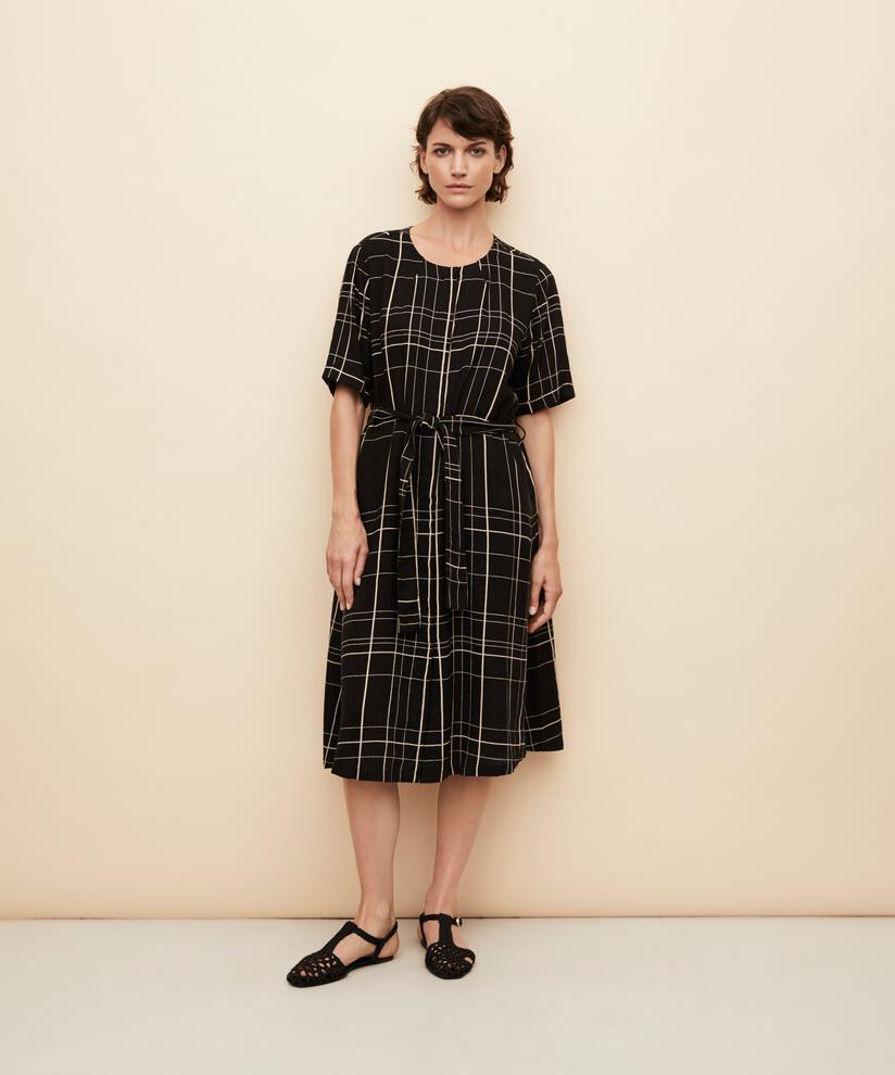 Hemdblusenkleid aus bedrucktem Leinenmix, Black
