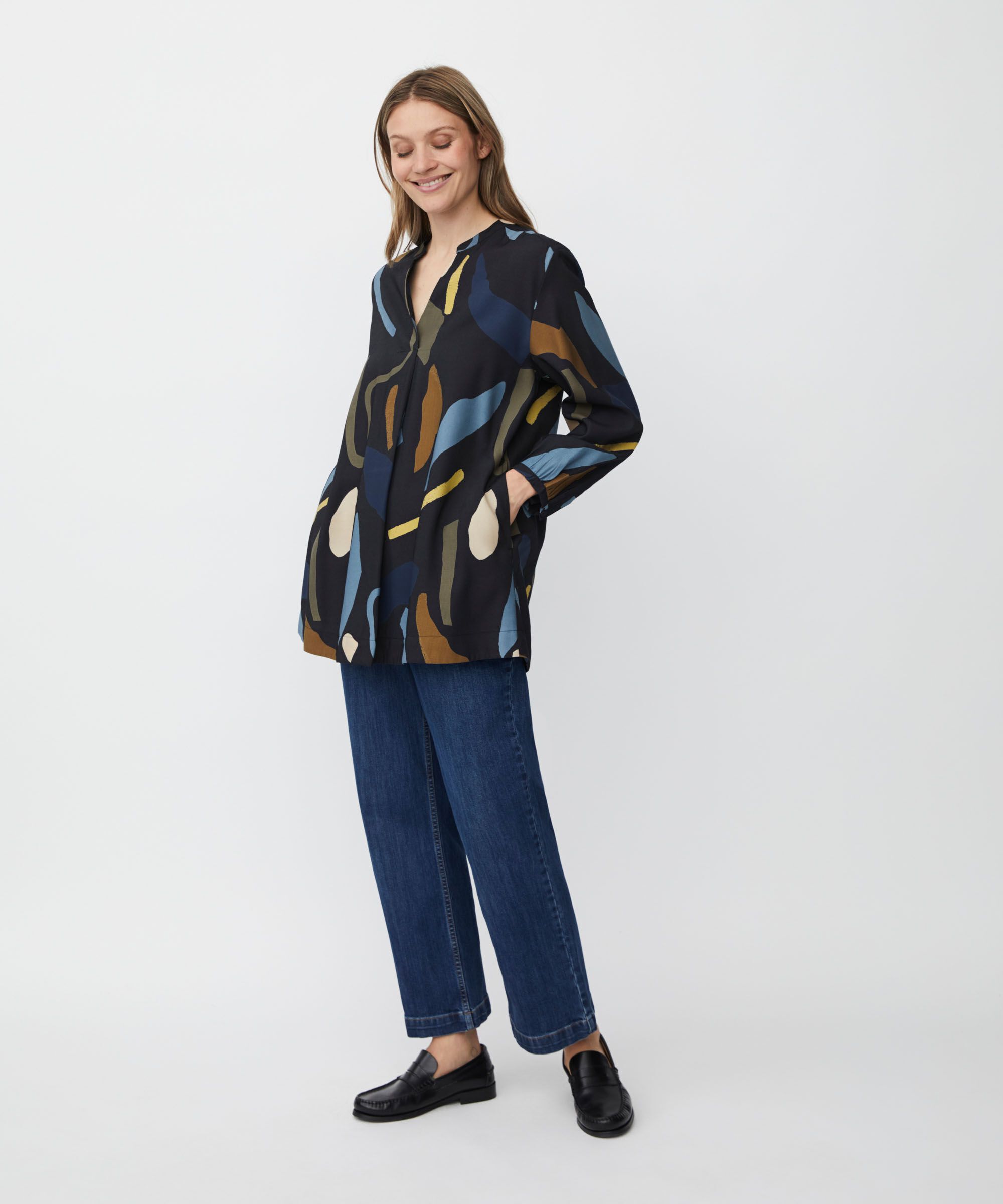 bedruckte Tunika mit V-Ausschnitt und Eingrifftaschen, Proven Blue