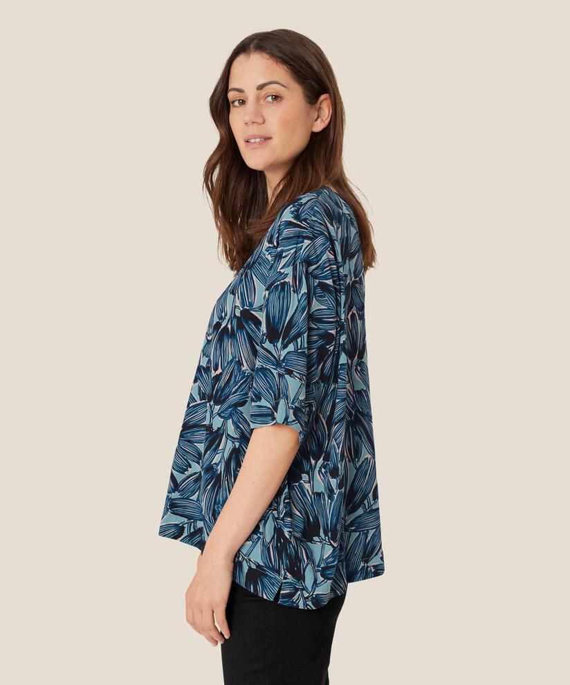 Bedruckte Viskosebluse mit Knopf am Hals, Teal