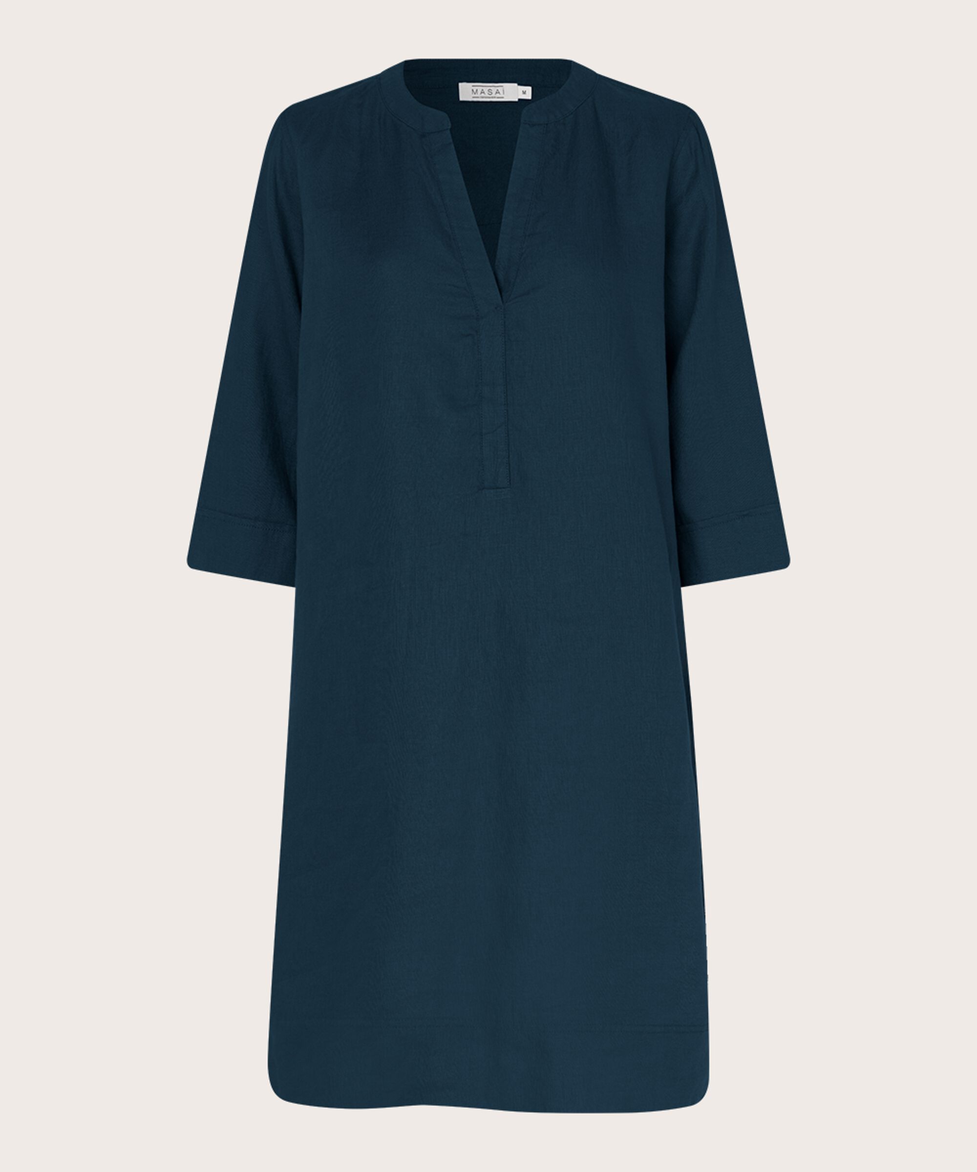 Leinenkleid mit V-Ausschnitt und Eingrifftaschen, Navy