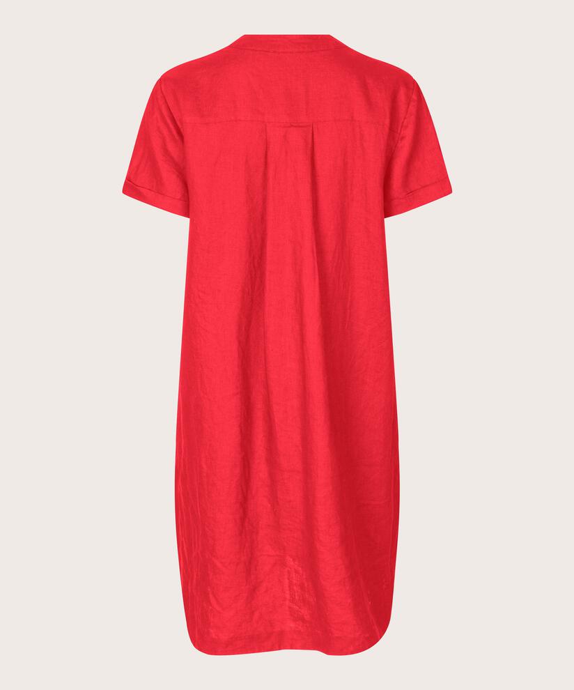 Leinenkleid mit V-Ausschnitt und Eingrifftaschen, Hibiscus