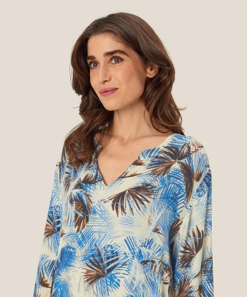 bedruckte Viskose-Tunika mit V-Ausschnitt und Seitenschlitzen, Della Blue