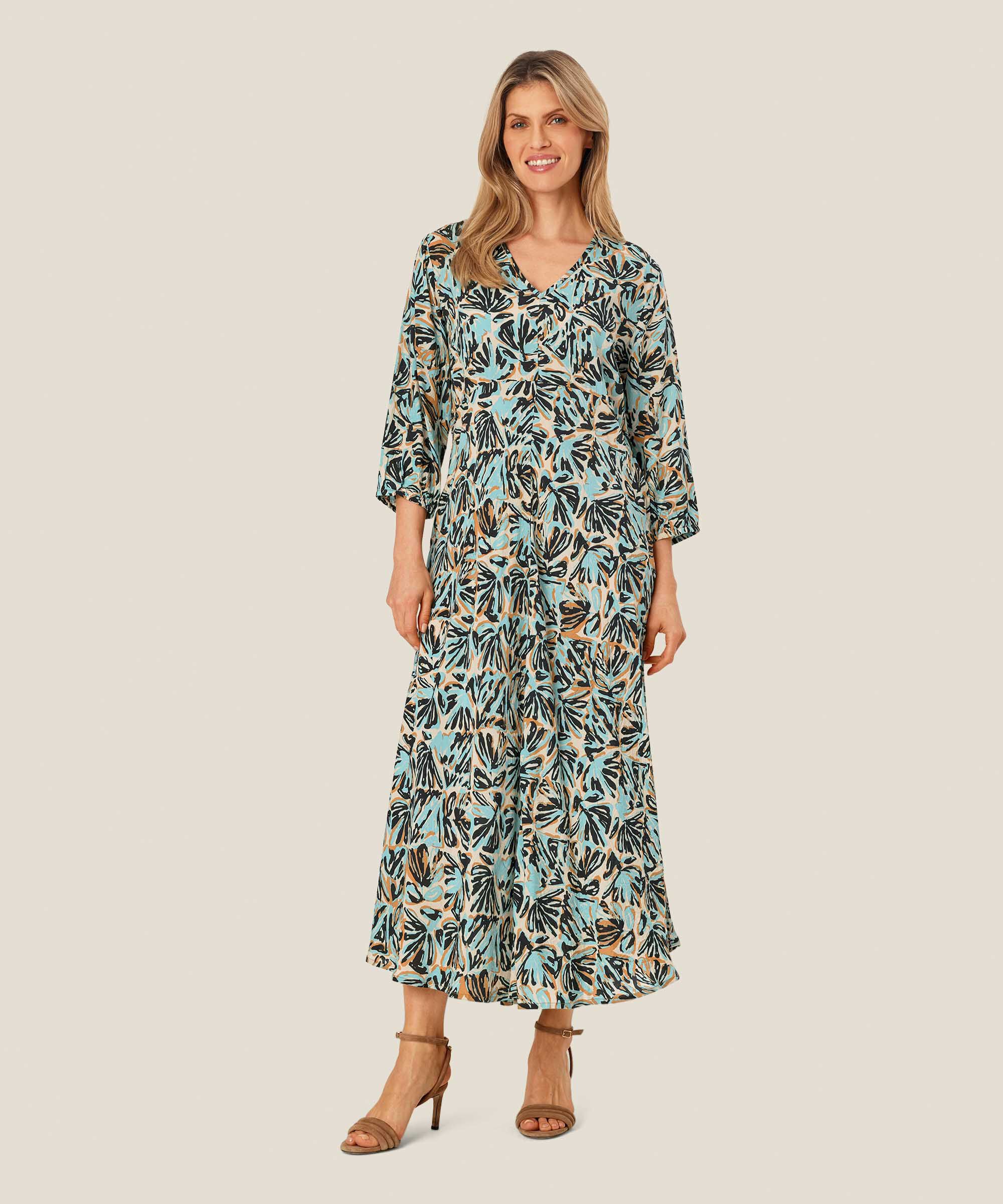 Viskosekleid mit 3/4 Ärmeln und V-Ausschnitt, Aqua