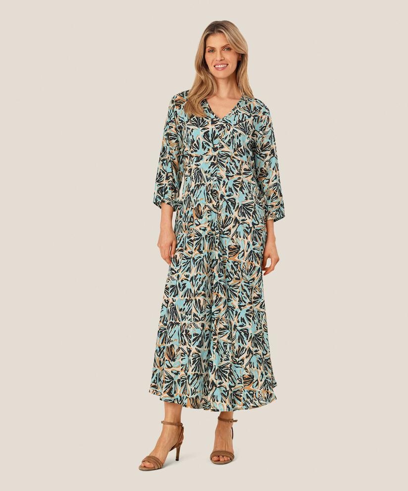 Viskosekleid mit 3/4 Ärmeln und V-Ausschnitt, Aqua