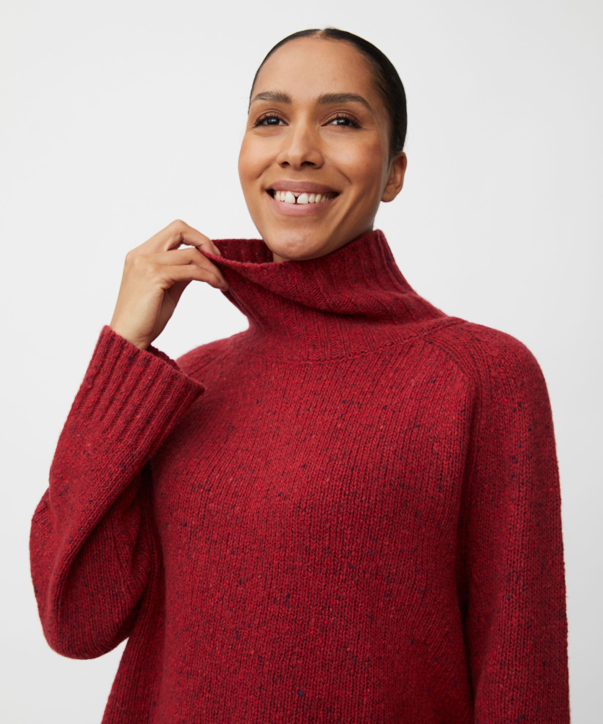 Rollkragenpullover aus Wollmischung mit gerippten Kanten, Red Dahlia