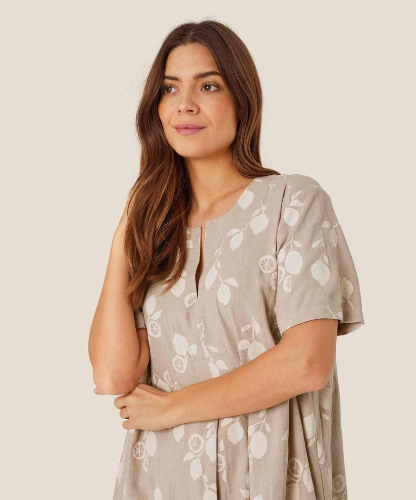 Bedrucktes Kleid aus Leinenmischung mit Seitentaschen, Natural