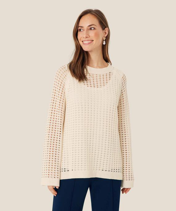 Strickpullover aus Baumwolle mit Lochmuster, Whitecap