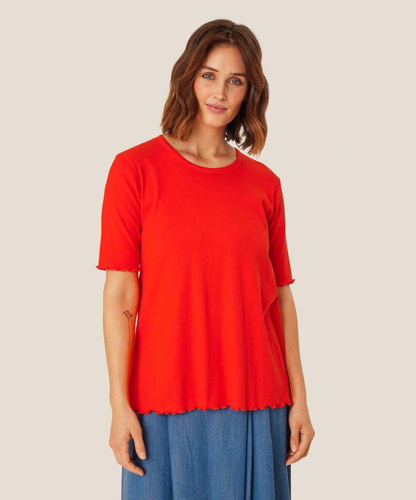 T-Shirt aus gerippter Baumwolle mit gewelltem Rand, Orange com