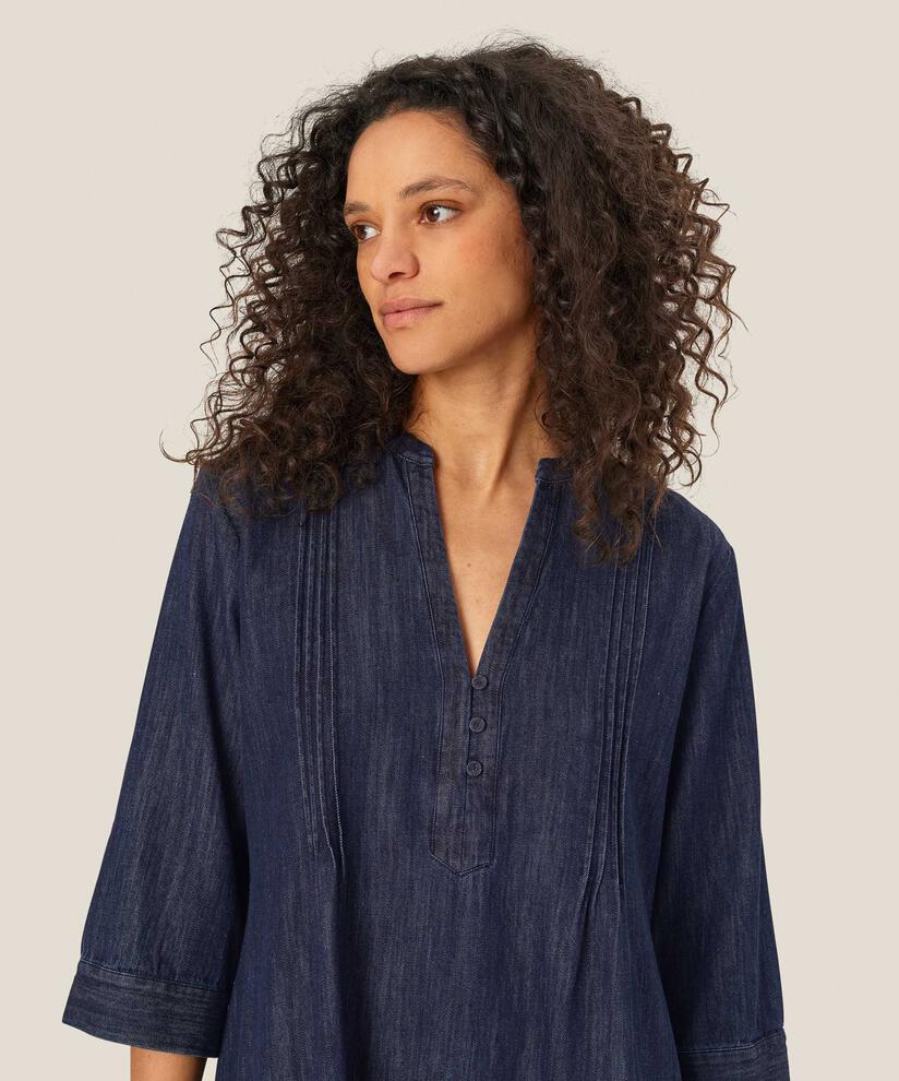 Jeanskleid mit tiefem V-Ausschnitt, Dark Denim