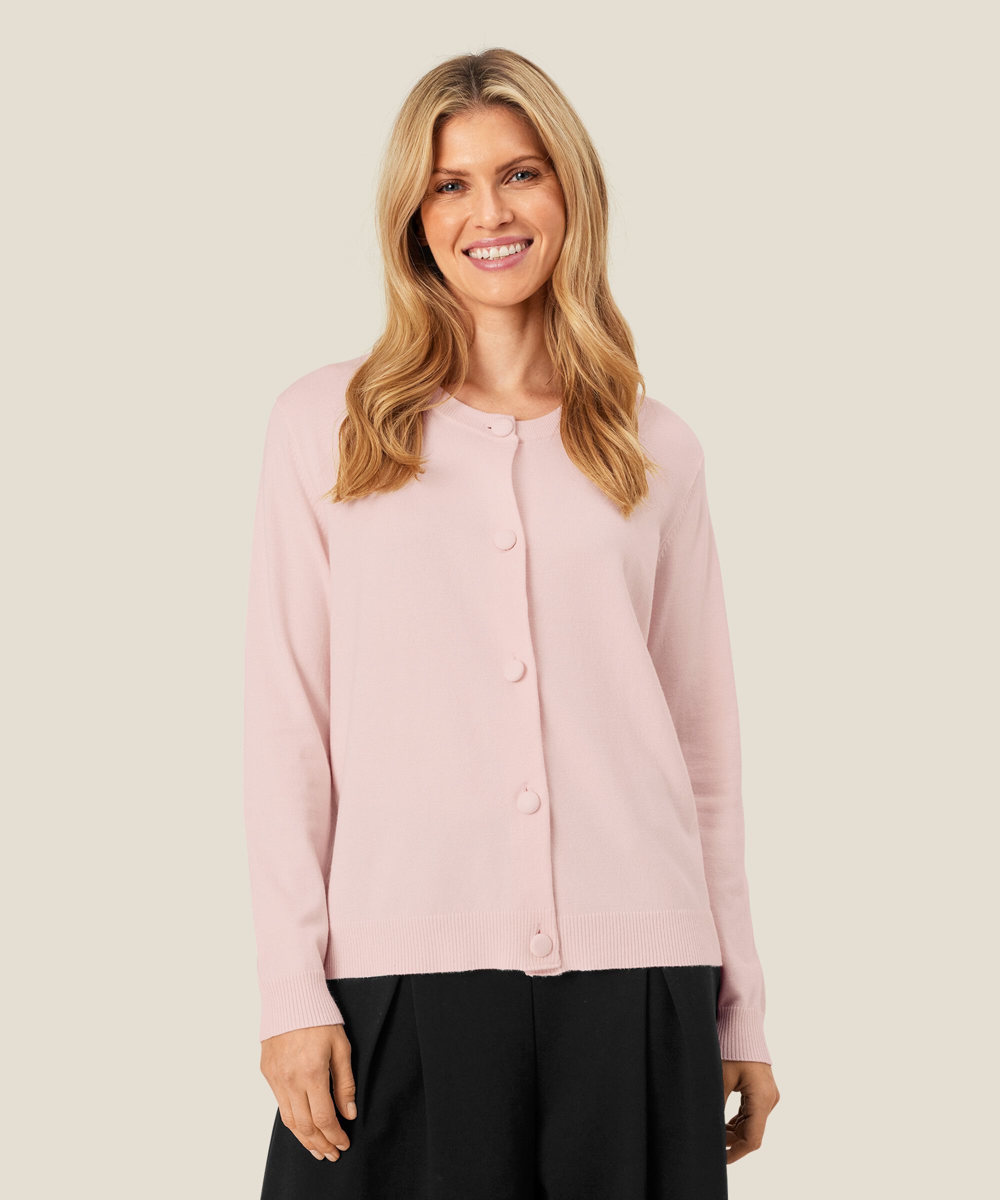 Feinstrick-Cardigan mit Rundhalsausschnitt, Mauve Chalk